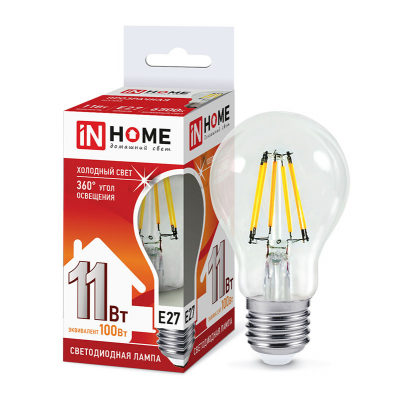 Лампа светодиодная LED-A60-deco 11Вт 230В Е27 6500К 1160Лм прозрачная IN HOME