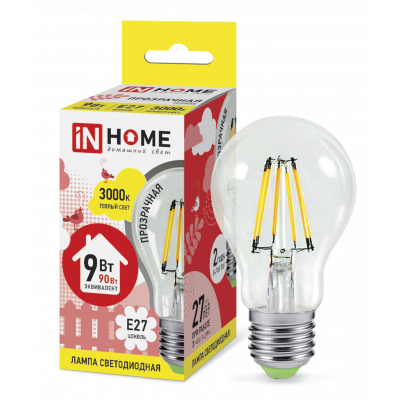Лампа светодиодная LED-A60-deco 9Вт 230В Е27 3000К 1040Лм прозрачная IN HOME