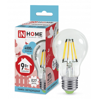 Лампа светодиодная LED-A60-deco 9Вт 230В Е27 4000К 1040Лм прозрачная IN HOME